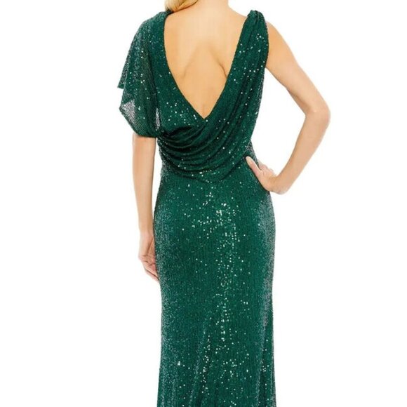 Ieena Mac Duggal Emerald Green Sequin Asymmetric Trumpet Gown - Picture 3 of 5